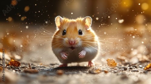 A cute hamster with big eyes and a fluffy tail, standing in a forest setting with a soft glow of sunlight.