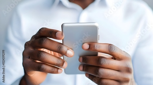 Close up view of a person s hand using a mobile financial application on a smartphone screen to conduct a digital transaction or banking The app interface features a clean