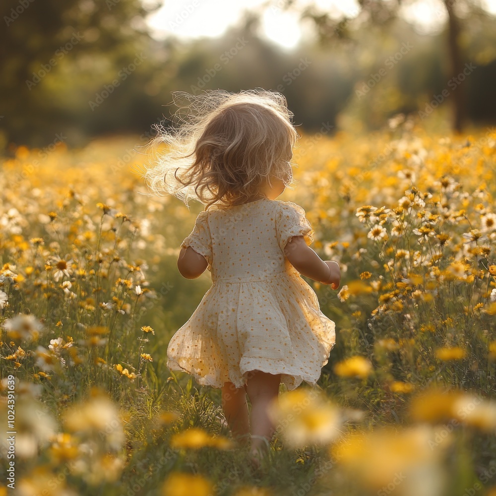 A little girl with blonde hair runs through a field of yellow wildflowers in the golden hour. A little girl with blonde hair runs through a field of yellow wildflowers in the golden hour.