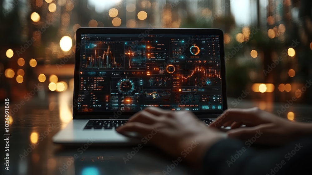 Hands typing on laptop with data graphs and charts displayed on the screen in a blurred city background. Hands typing on laptop with data graphs and charts displayed on the screen in a blurred city background.
