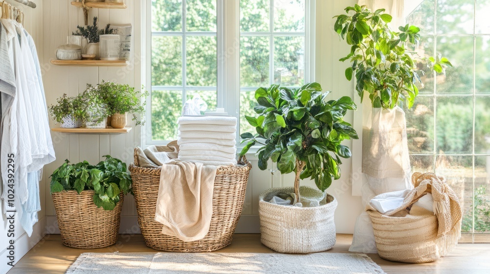 Cozy Interior with Plants and Laundry Baskets Cozy Interior with Plants and Laundry Baskets