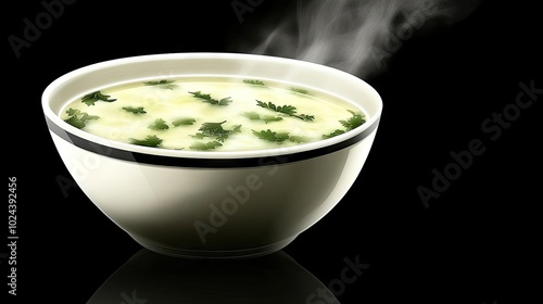 A steaming hot bowl of Indian vegetarian curry with fresh herbs, placed on a black background with ample space for copy or promotional text.