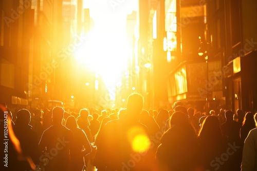 A bustling city street filled with a crowd of people walking in the golden glow of the setting sun