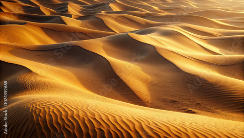 Gentle waves of golden sand stretch across the expansive desert, illuminated by the warm glow of the setting sun, creating mesmerizing textures and patterns