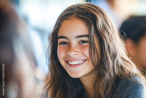 A candid, close-up shot of a teenage girl smiling and engaging in conversation with a classmate