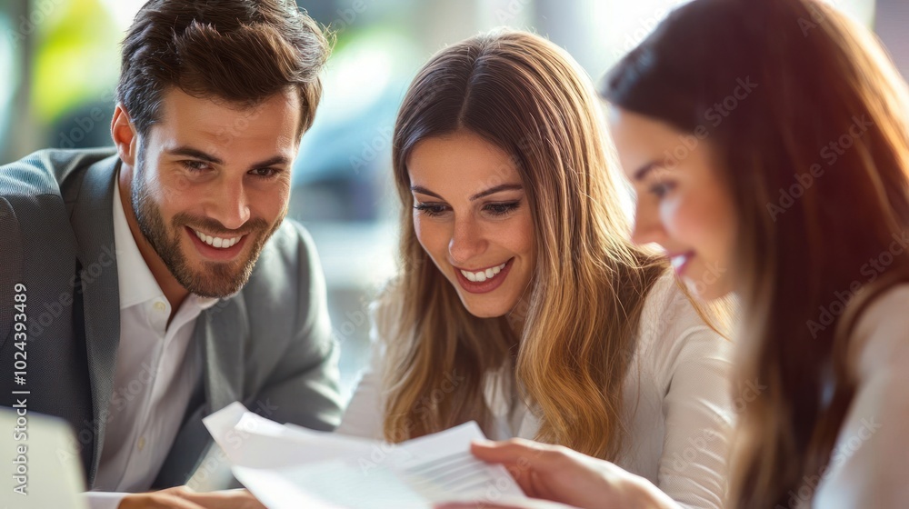 Fototapeta premium Three people collaborating and reviewing documents in a professional setting.