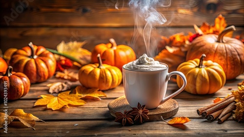 A steaming mug of spiced beverage nestled amongst autumnal gourds and golden leaves on a rustic wooden surface.