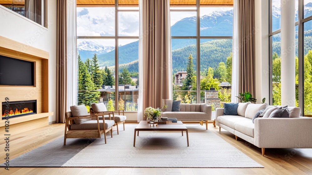 Fototapeta premium Modern living room with large windows overlooking mountain view.