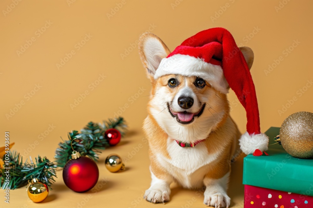 Adorable corgi Puppy dog in Santa Hat on Festive Christmas Background Adorable corgi Puppy dog in Santa Hat on Festive Christmas Background