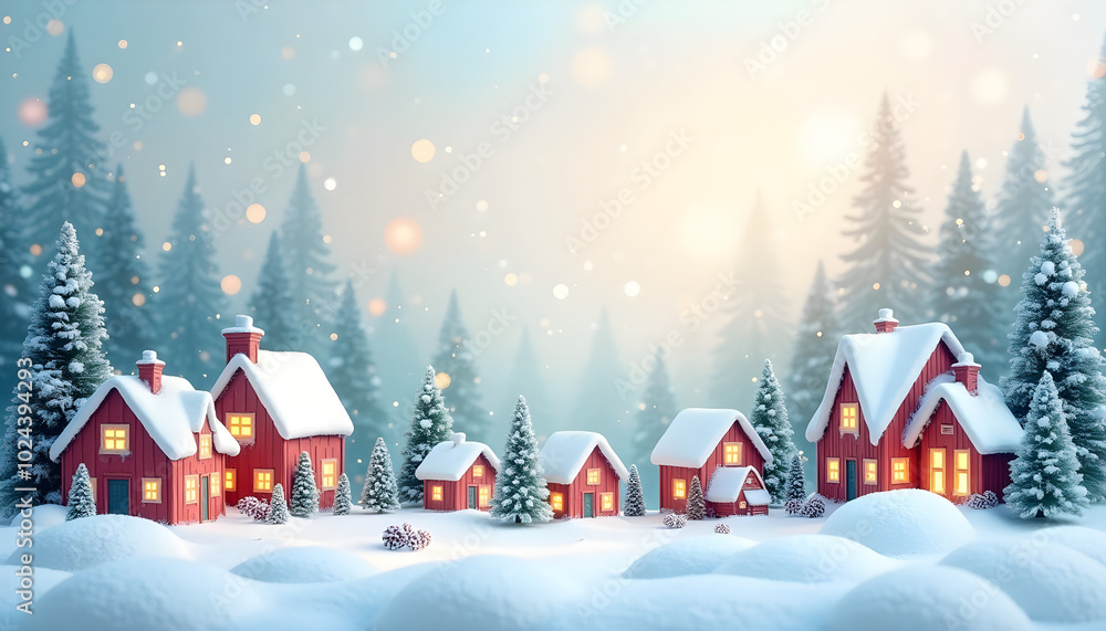 Charming winter village with snow-covered houses and evergreen trees on a festive background Charming winter village with snow-covered houses and evergreen trees on a festive background