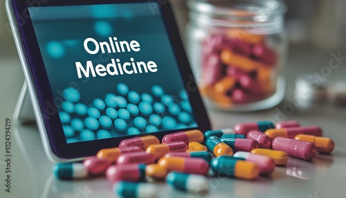 A tablet with the text Online Medicine surrounded by colorful pills and a jar of medicine photo