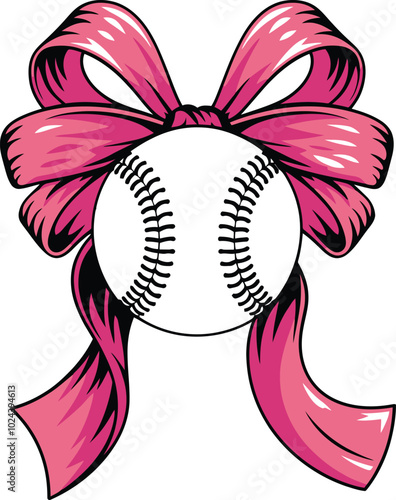 Baseball with Decorative Pink Ribbon Vintage Illustration