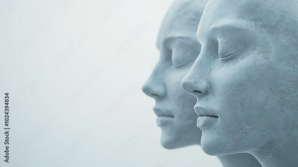Two sculpted faces demonstrate tranquility, symbolizing the essence of emotional support and connection in a psychological group setting, copy space Two sculpted faces demonstrate tranquility, symbolizing the essence of emotional support and connection in a psychological group setting, copy space