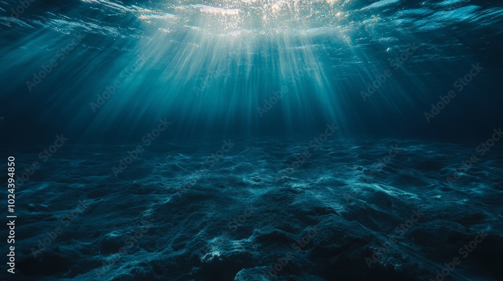 The deep blue ocean surface is visible from beneath the waves. Sunlight streams down, creating a beautiful underwater scene. The seafloor is dimly lit in the distance. The deep blue ocean surface is visible from beneath the waves. Sunlight streams down, creating a beautiful underwater scene. The seafloor is dimly lit in the distance.