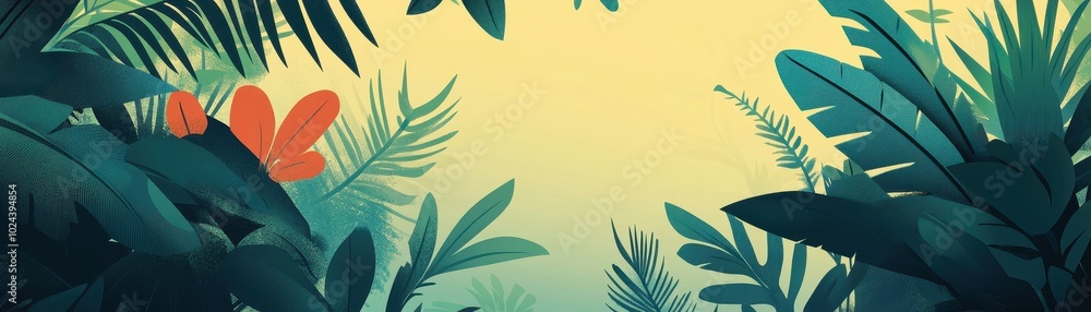 Enchanting Tropical Landscape with Lush Foliage and Vibrant Flowers Enchanting Tropical Landscape with Lush Foliage and Vibrant Flowers