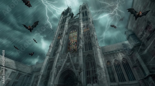 A sinister-looking, gothic cathedral towering under a stormy sky. The stained-glass windows are cracked, and lightning flashes in the background. Bats circle the high towers.