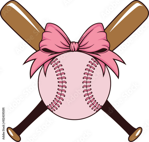 Baseball with Pink Bow and Crossed Bats Illustration