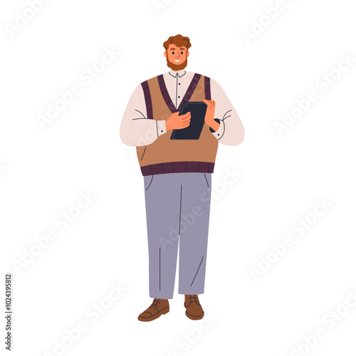 Business man holding digital tablet. Male professional, office worker with device in hands. Happy employee, manager standing. Clerk with device. Flat vector illustration isolated on white background