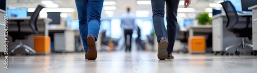 Employees walking through a modern office space, collaborative work environment