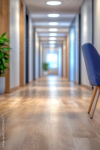 Modern corridor with wooden flooring and a blue chair, bright lighting.