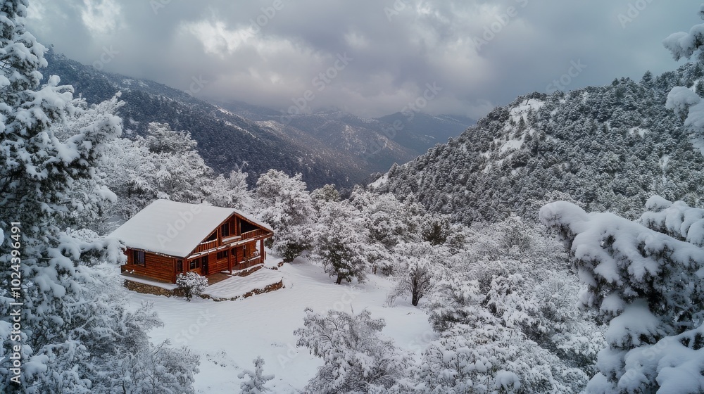 A snowy mountain cabin with breathtaking views. A winter scene with snow-covered trees in a mountain forest. The cold weather and snow blanket the trees in Algeria's Jijel region. A snowy mountain cabin with breathtaking views. A winter scene with snow-covered trees in a mountain forest. The cold weather and snow blanket the trees in Algeria's Jijel region.
