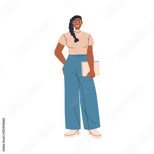 Business woman in glasses. Happy African-American female employee, posing, holding office document. Professional executive manager smiling. Flat vector illustration isolated on white background