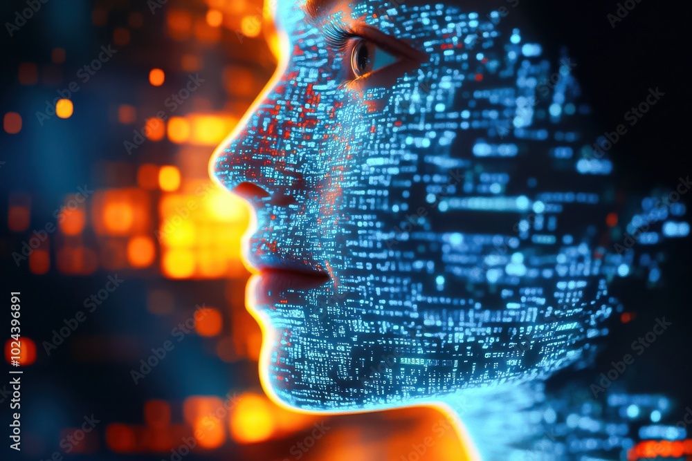 A close-up of a person's face illuminated by glowing holographic data streams A close-up of a person's face illuminated by glowing holographic data streams
