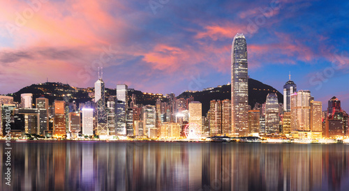 Photography Victoria Harbor at sunset view in Hong Kong, China