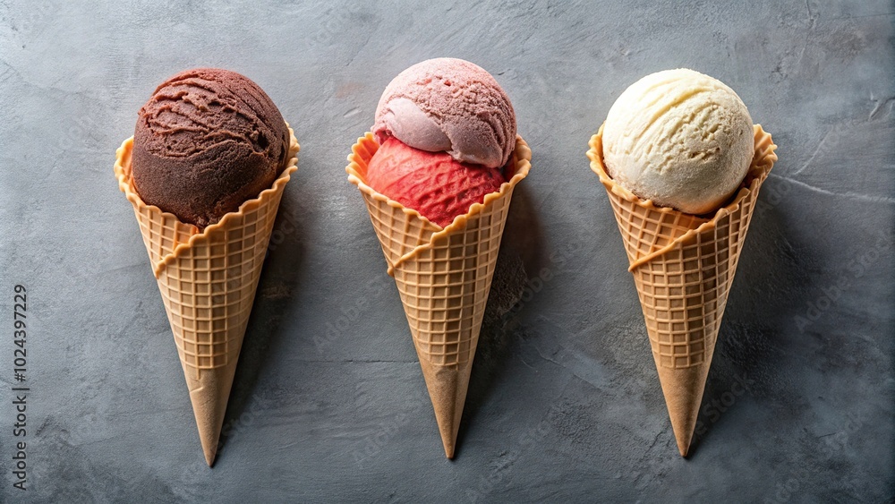 Three different flavored ice cream scoops