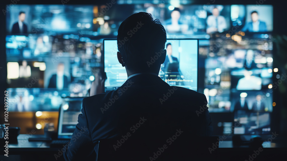 Businessman observing multiple screens Businessman observing multiple screens