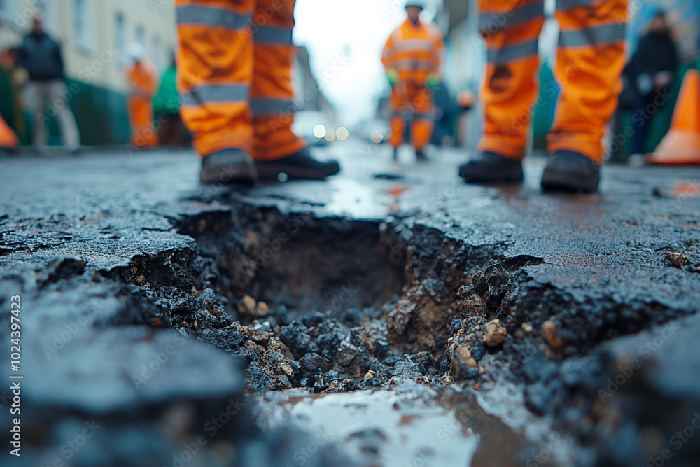 Roadwork Crew Inspecting Urban Pothole Damage
