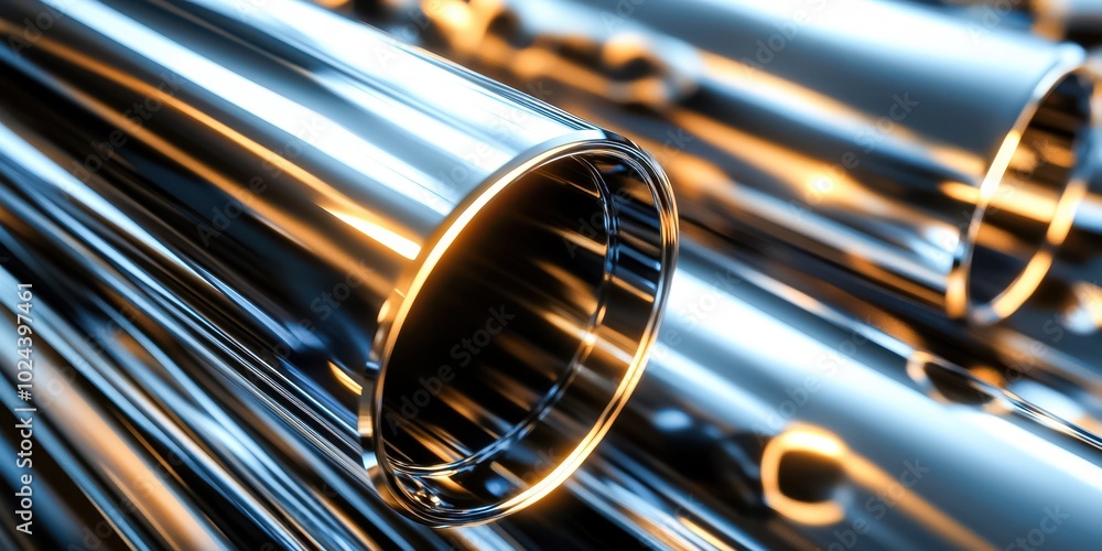 Naklejka premium A close-up of a stack of polished metal pipes, their shiny surfaces reflecting light