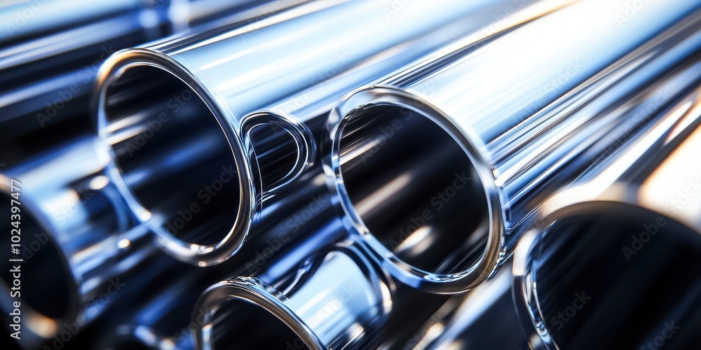 A close-up of a stack of polished metal pipes, their shiny surfaces reflecting light A close-up of a stack of polished metal pipes, their shiny surfaces reflecting light
