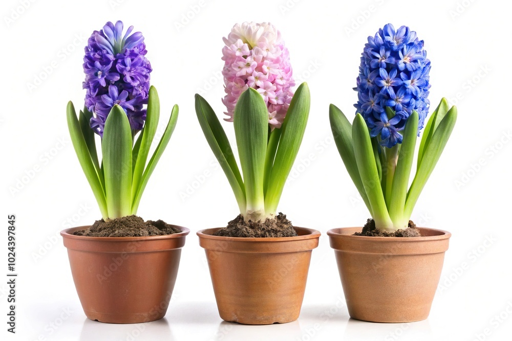 Three hyacinths in a pot isolated on white background Three hyacinths in a pot isolated on white background