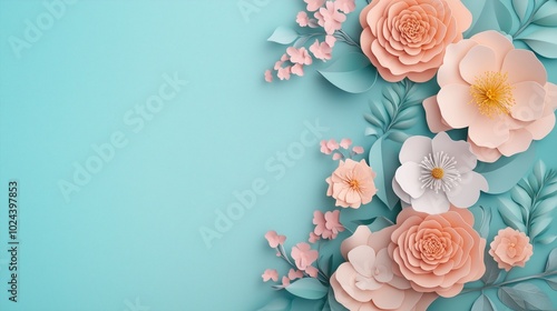 A vibrant arrangement of delicate paper flowers in soft peach and white hues against a calming turquoise background.