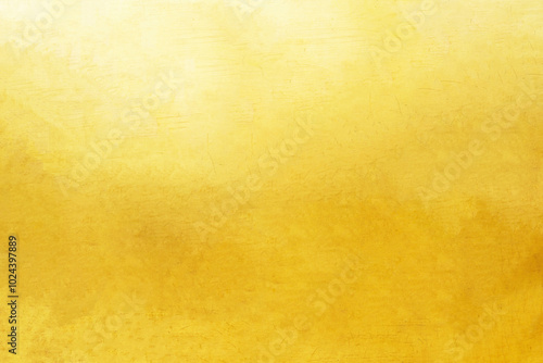 Gold wall texture background. Yellow shiny gold foil paint on wall surface with light reflection, vibrant golden luxury wallpaper