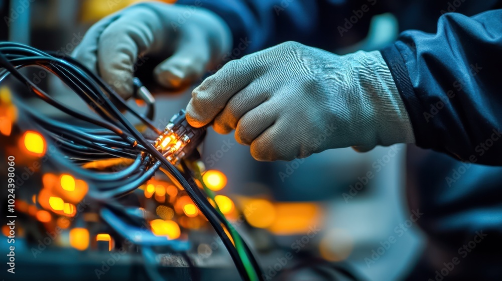 A close-up of a worker wearing protective gloves, connecting or maintaining complex wiring A close-up of a worker wearing protective gloves, connecting or maintaining complex wiring