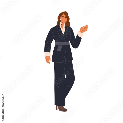 Business woman, female professional in office suit. Entrepreneur, manager in official outfit. Confident employee, worker gesturing, smiling. Flat vector illustration isolated on white background