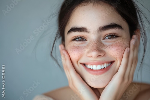 A close-up of a young woman smiling brightly, with her hands resting against her cheeks