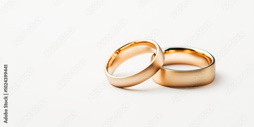 A close-up of two shiny gold wedding bands resting against a white background A close-up of two shiny gold wedding bands resting against a white background
