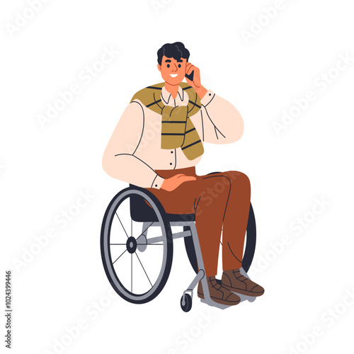Business man in wheelchair speaking on phone. Office worker, employee sitting on wheel chair. Happy professional, manager, person with disability. Flat vector illustration isolated on white background
