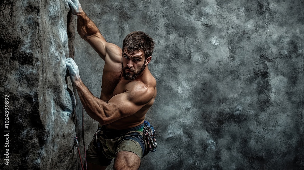 Climber Conquering Vertical Wall in Dynamic Pose Climber Conquering Vertical Wall in Dynamic Pose