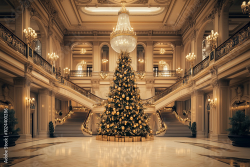 A beautifully decorated Christmas tree stands in an opulent hall with a grand staircase. Concept of luxury holiday decor