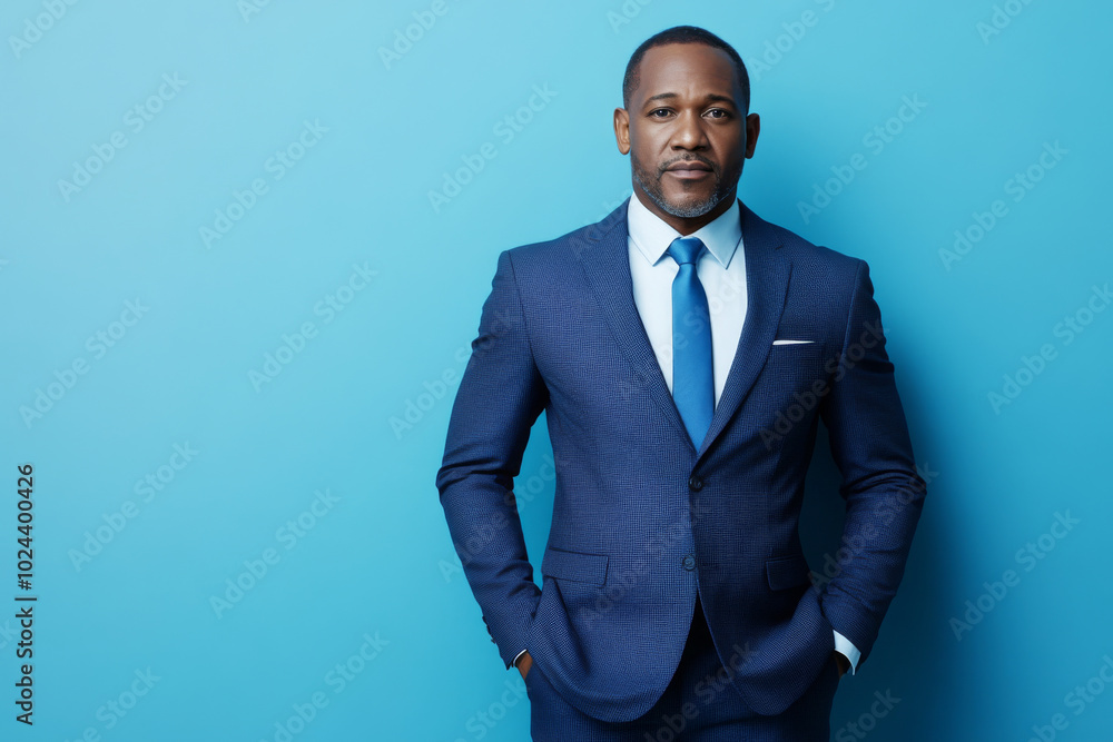 Portrait of confident black man wearing blue suit and light shirt standing against vibrant blue background