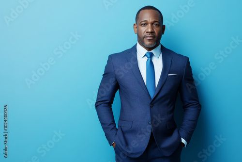 Obraz na płótnie Portrait of confident black man wearing blue suit and light shirt standing against vibrant blue background w salonie