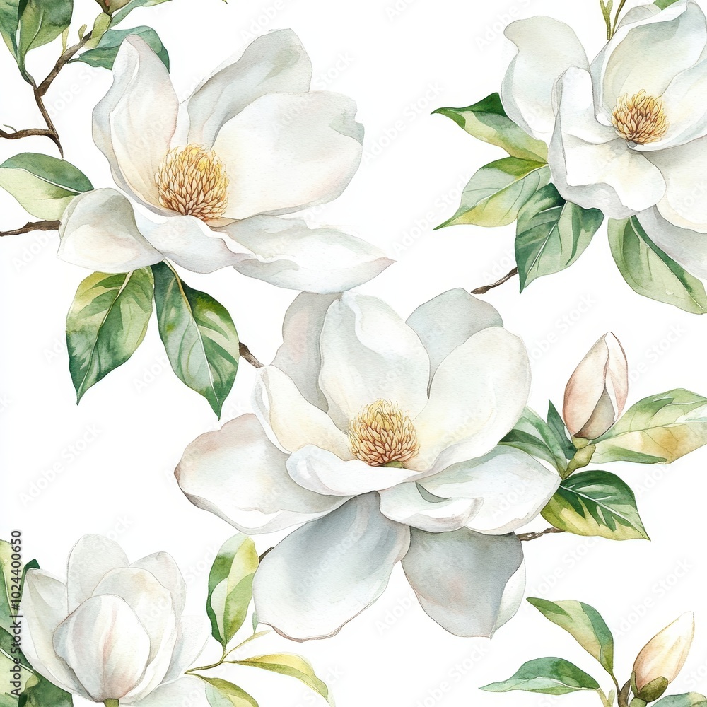 Obraz premium A floral design featuring white magnolia flowers and green leaves on a light background.