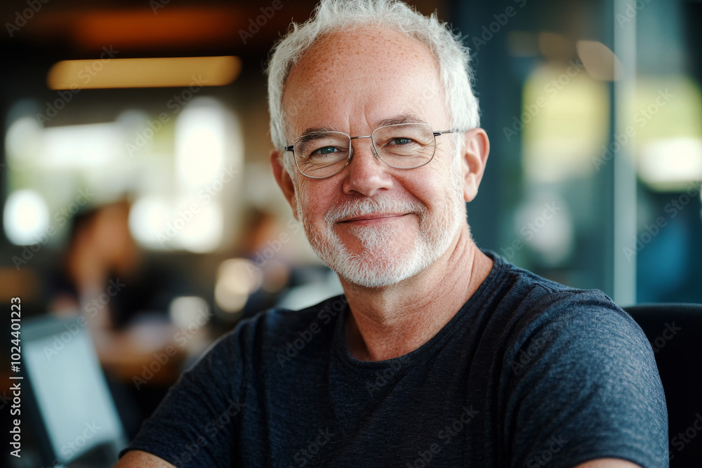 Fototapeta premium Smiling elderly man wearing glasses sitting in casual indoor setting. Confident senior businessman working in modern office. Portrait of mature corporate worker