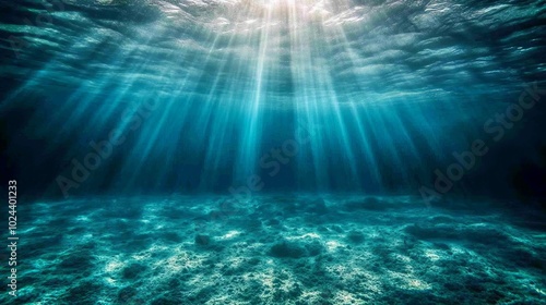 The deep blue ocean surface is visible from beneath the waves. Sunlight streams down, creating a beautiful underwater scene. The seafloor is dimly lit in the distance.