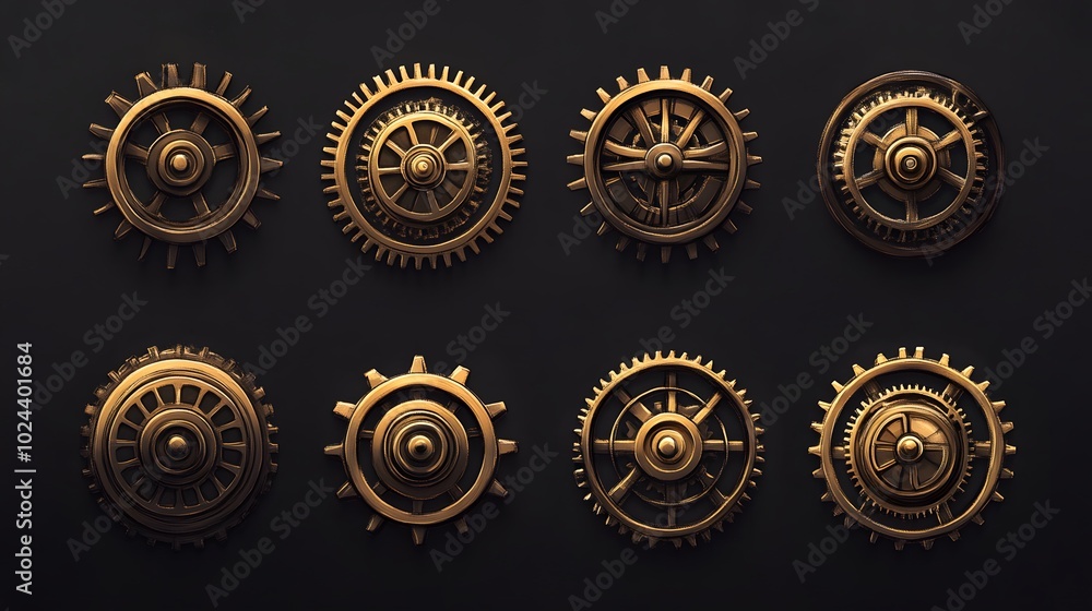 Eight Golden Cogwheels on a Black Background Eight Golden Cogwheels on a Black Background