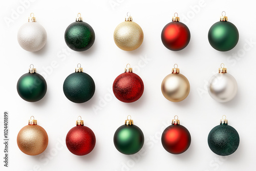 Collection of decorative Christmas ornaments in various styles and colors isolated on white background